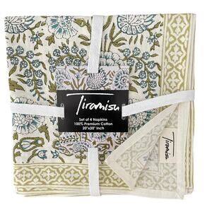 TIRAMISU Spring Floral 100% Cotton 20X20 Cloth Napkins Set of 4 Green Blue NEW